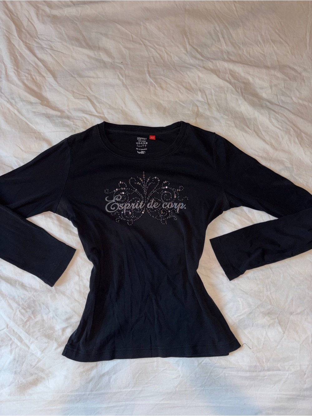 Esprit de corps Black Long Sleeve Tee with Embellished Script 100% cotton